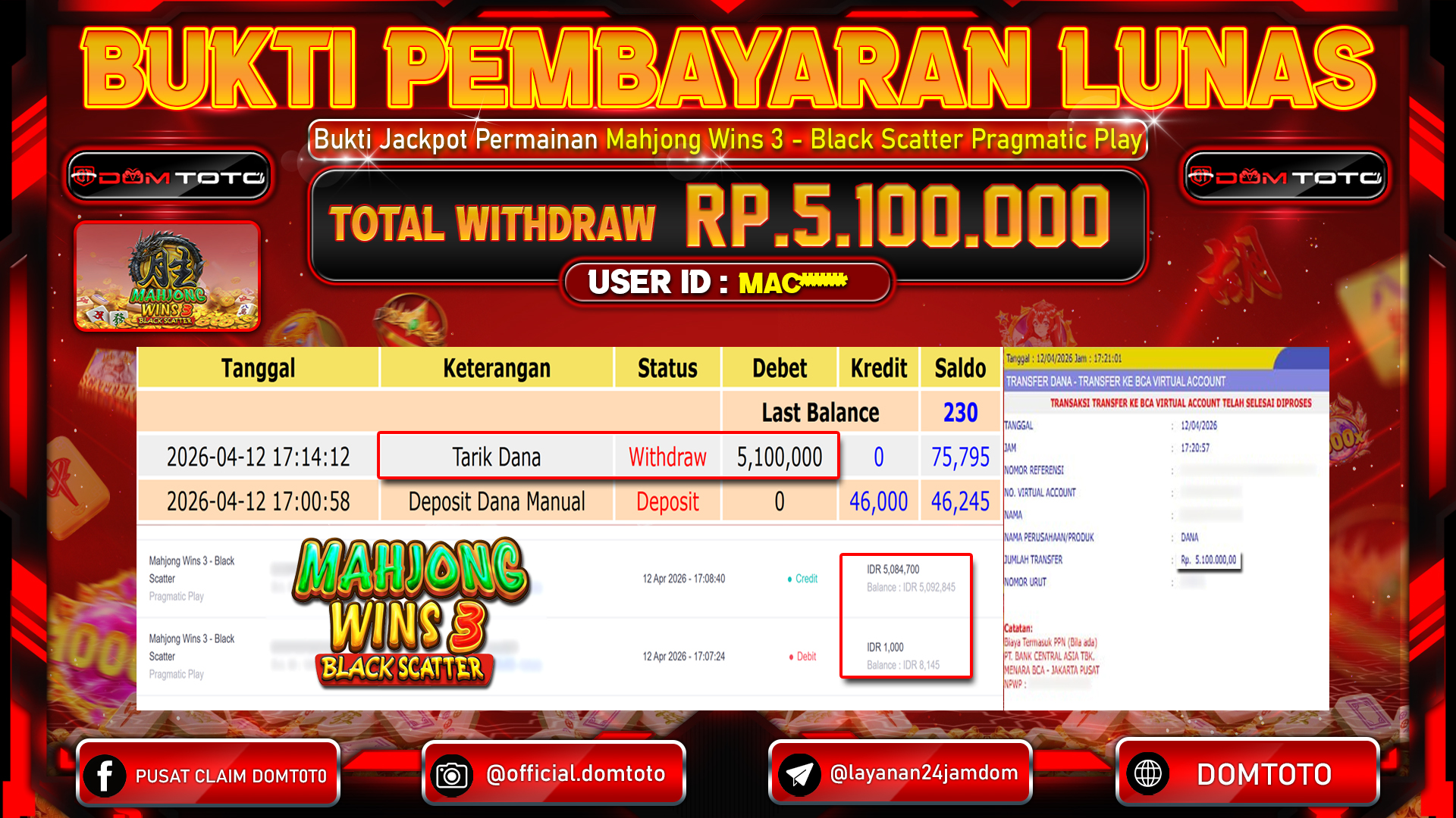 JACKPOT SLOT Mahjong Wins 3 - Black Scatter Pragmatic Play 12 APRIL 2026